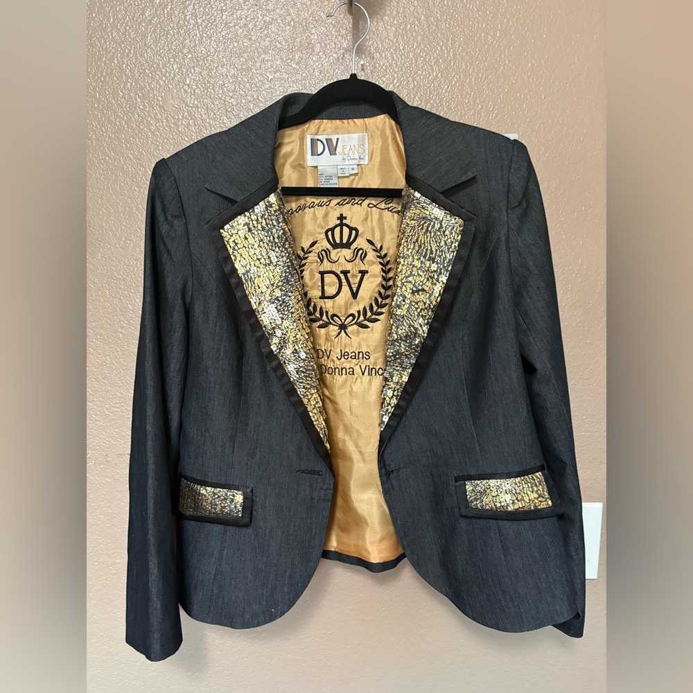 DV Jeans by Donna Vinci Vintage VTG Black Gold Blazer Jacket Sequins Festive 12